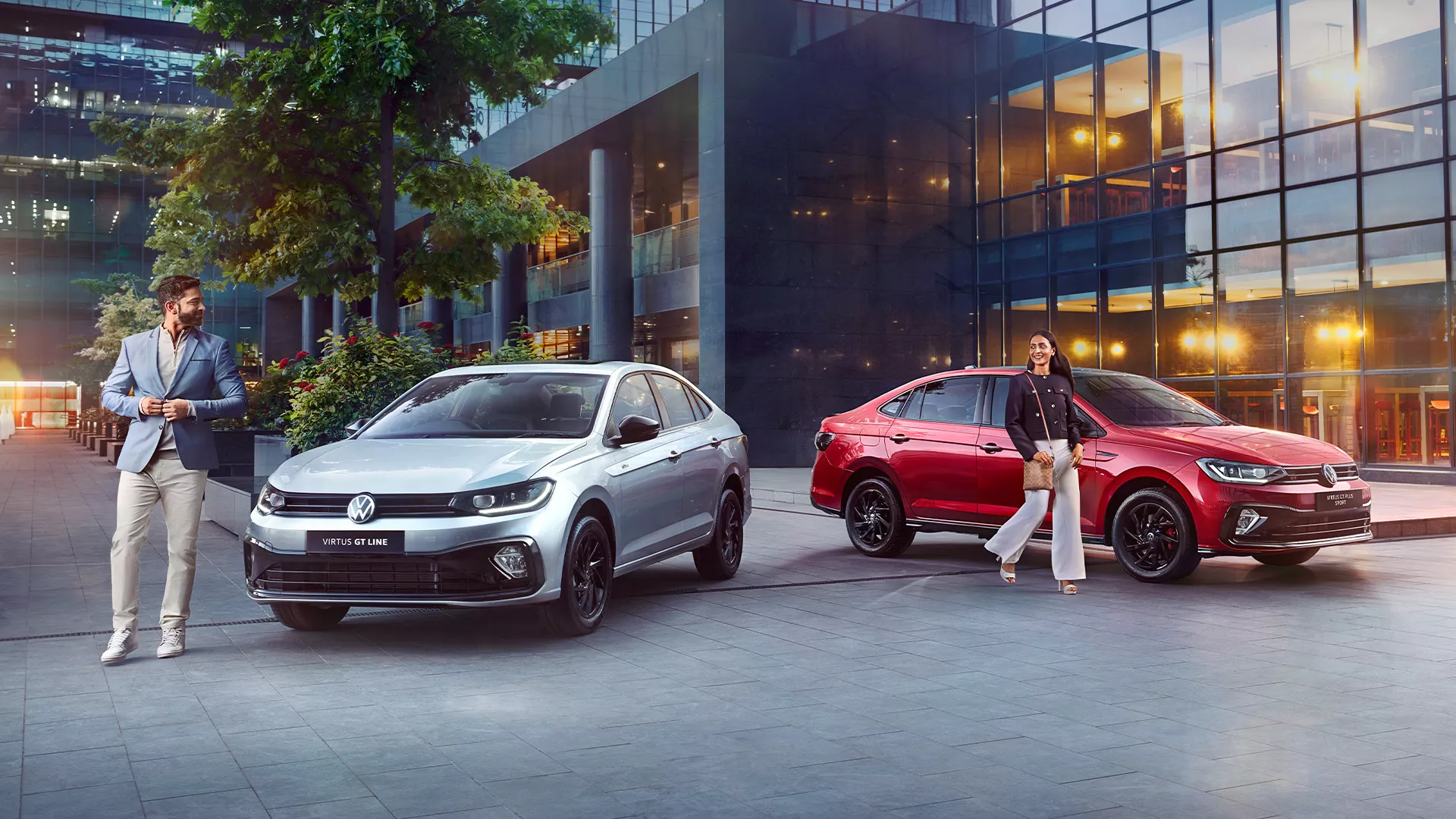 Volkswagen Virtus Sport sedan with dynamic front profile hero banner